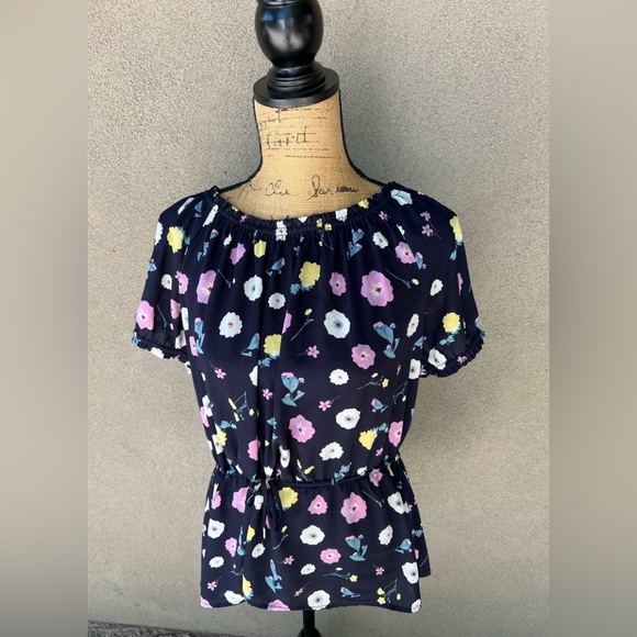 Ann Taylor Short Sleeve Smocked Waist Floral Blouse - Picture 1 of 9